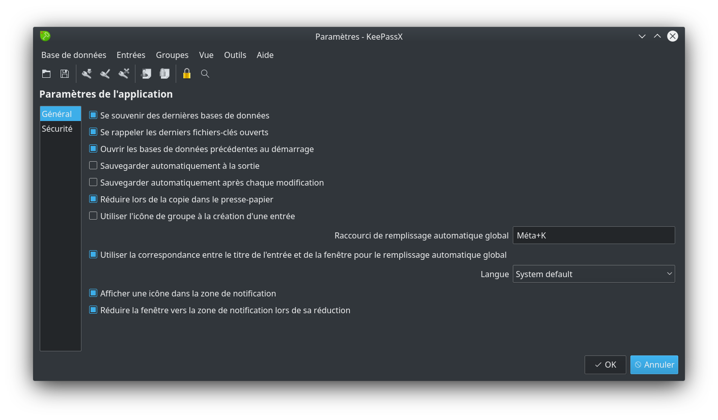Les paramètres de ma base Keepass